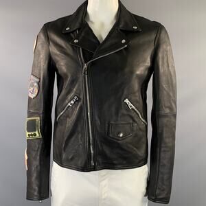 LOEWE Size 40 Black Applique Leather Biker Jacket